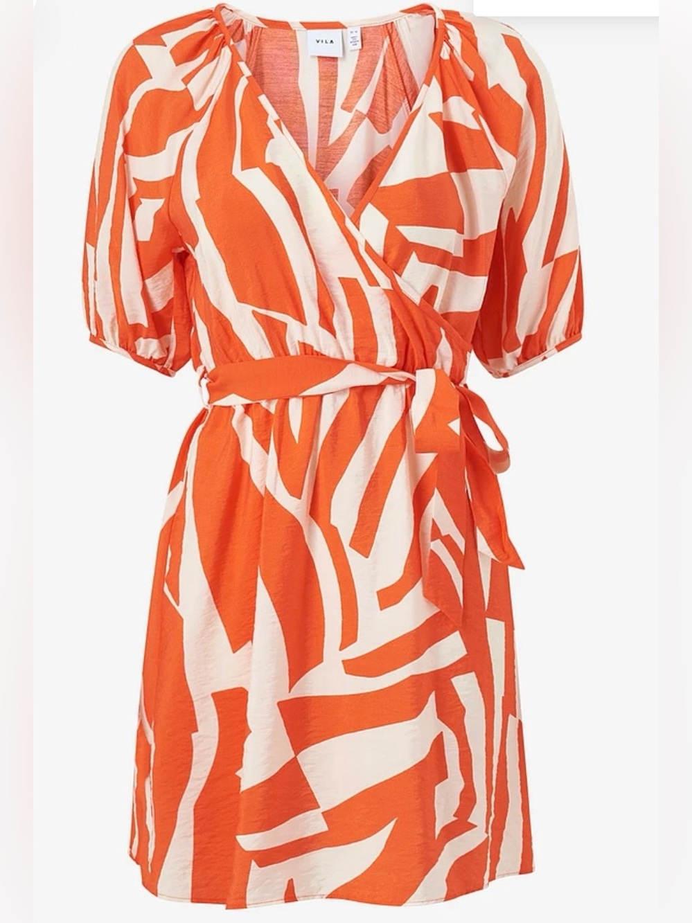 Kindred Orange & Cream Wrap Geometric Print Summer Midi Dress puffed sleeve Sz M